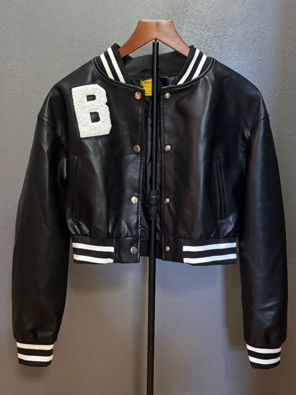 DAISY Faux Leather Cropped Black Varsity Letterman Bomber Jacket Girl's Large